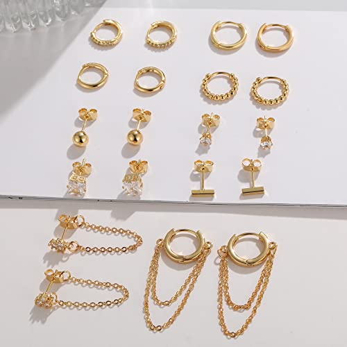 14K Gold Plated Huggie Hoop Studs Earrings Set For Women Girls, Fashion Hypoallergenic Small Dainty Minimalist Cz Ball Chain Earrings For Birthday Party Christmas Jewelry Gift. #TOP4
