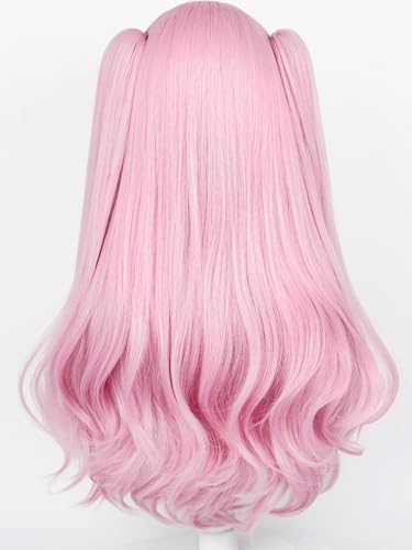 Image of Half and Half Pink Ponytail Wig with Bang Long Curly Dark Pink Anime Cosplay Wigs Purple Pink Pigtails Twin Tails Wigs for Women Halloween Daily