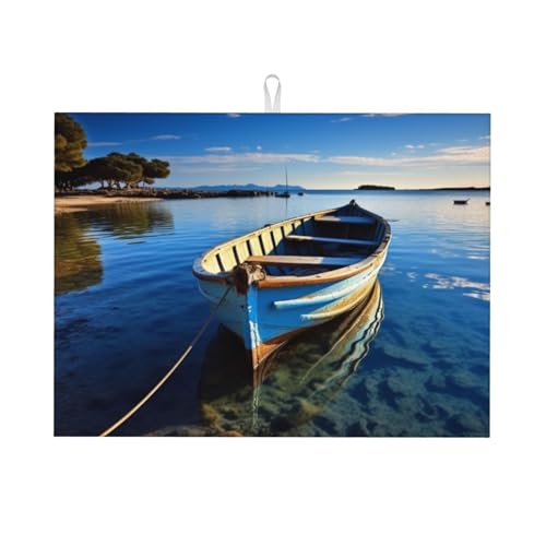 Tapete de secado de platos con estampado de barco en agua azul para encimera de cocina, tapete de escurridor de platos absorbente de microfibra, tapete de secado de platos grande, lavable, tapete de