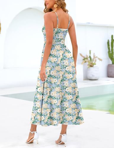 Image of Annebouti Women 2026 Summer Spring Ruched Maxi Dress Adjustable Spaghetti Strap Floral Beach Long Sundress with Pockets