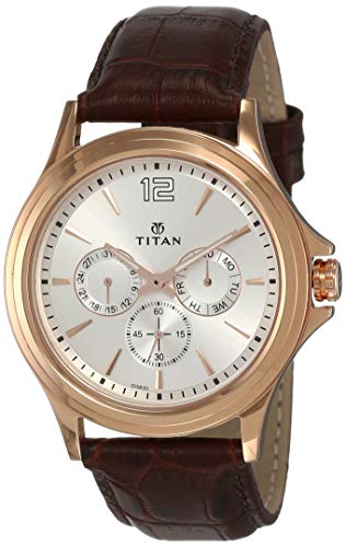 TITAN Workwear Mens Chronograph Watch | Quartz, Water Resistant, Leather Band | Brown Band and White Dial