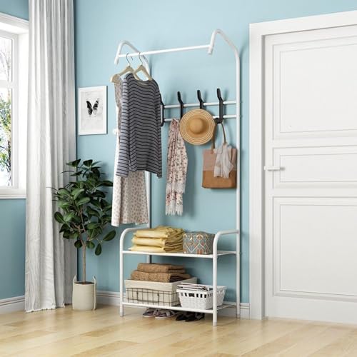 Perchero de metal resistente con estantes – Perchero de almacenamiento de doble capa para dormitorio y pasillo, barra de ropa pequeña con 4 ganchos para exhibición de ropa nized