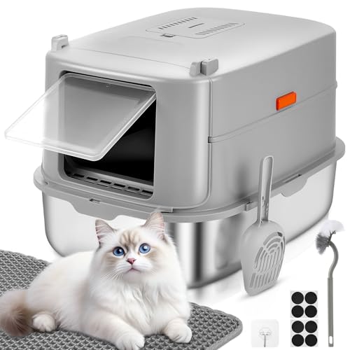 Papettly Katzentoilette Edelstahl mit Deckel, XXL Litter Box Katzenklo, 30L Große Katzenklo Edelstahl mit Deckel, Hoher Abnehmbarer Rand, Katzenklo...
