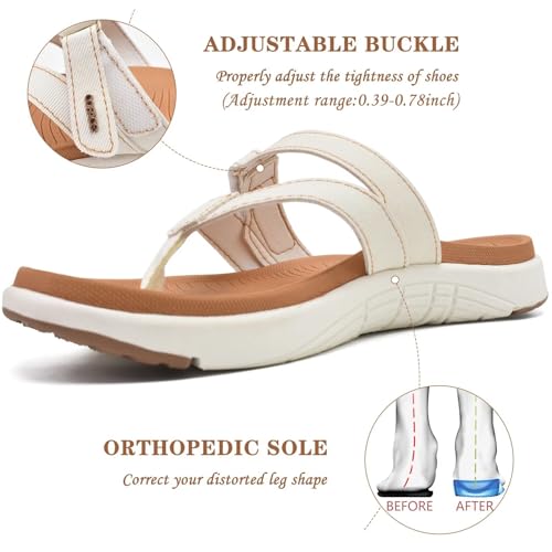 COFACE Womens Orthopedic Flip Flops Ladies Slip On Athletic Yoga Mat Memory Foam Cushioned Recovery Walking Thong Sandals Summer Beach Pool Slippers Plantar Fasciitis Arch Support White Brown Size 7.5 - Image 4