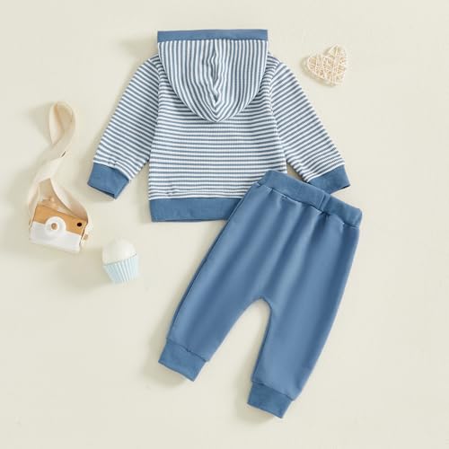 Toddler Baby Boy Fall Winter Clothes Striped Waffle Button Long Sleeve Hoodie Sweatshirt Top and Pants Set4