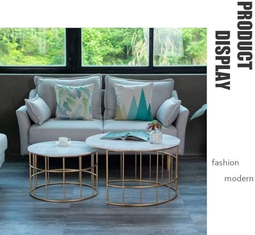Image of Modern Round Coffee Table Set with Space-Saving Circle End and Side Tables for Living Room Office Balcony or Yard Stylish & Durable Furniture with Sturdy Metal Frame (Gold & White)