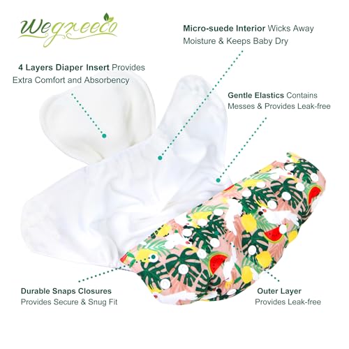 Image of wegreeco Cloth Diapers 6 Pack with 6 Inserts & 1 Wet Bag, Washable Cloth Diapers for Babies, One Size Adjustable Reusable (Love, Flowers)