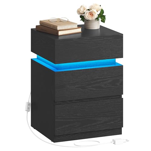 VASAGLE Kailyn Collection - Table de Chevet, avec Bande LED Multicolore Réglable, 3 Tiroirs, Table d’Appoint de Style Moderne, 35 x 40 x 55 cm, Noir Boisé...