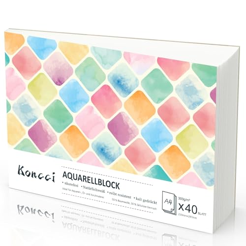 Koncci Aquarellpapier A4, 40 Blatt Aquarellblock, Kaltgepresst 300g/m² Weißes Aquarell Papier, Watercolor paper für Aquarellmalerei und Zeichnung, Geeignet für Studenten, Anfänger, Künstler