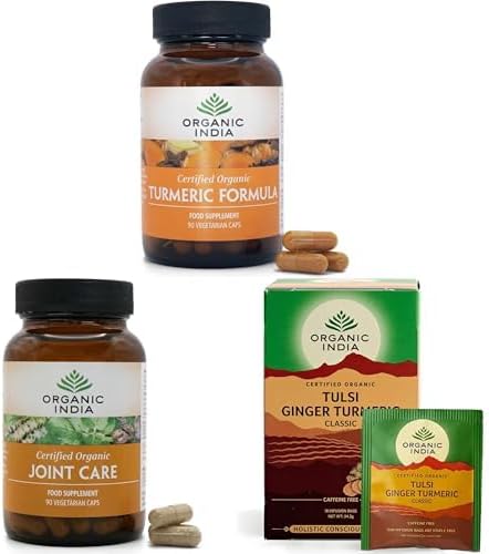 Organic India Joint & Inflammation Support Bundle - Turmeric, Joint Care & Ginger Turmeric Tea - Ayurvedic Support for Mobility, Comfort & Inflammation Balance - 2 x 90 Capsules & 1 x 18 Tea Bags