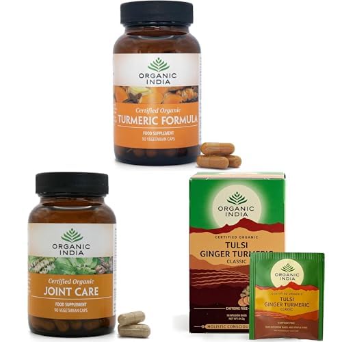Organic India Joint & Inflammation Support Bundle - Turmeric, Joint Care & Ginger Turmeric Tea - Ayurvedic Support for Mobility, Comfort & Inflammation Balance - 2 x 90 Capsules & 1 x 18 Tea Bags