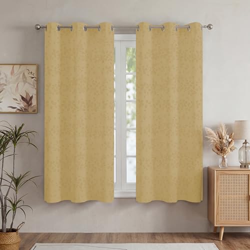 Image of LINENWALAS 100% True Blackout Curtains 5 Feet Long - 2 Panel, Raindrop Floral Design Complete Light Block Thermal Insulated & Noise Reducing Room Darkening Curtains (Raindrop Golden Beige)