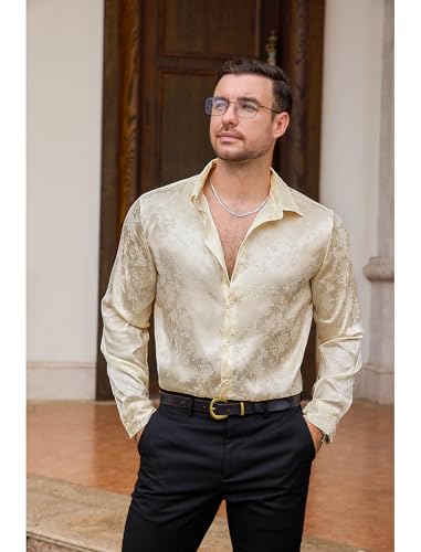 Vssjavun Mens Satin Dress Shirts Long Sleeve Silk Shirt Shiny Luxury Button Up Floral Shirt Party Prom Wedding Shirts4