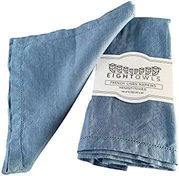 Hemstitched Linen Napkins – 20 Inch x 20 Inch – Stonewashed Pure Linen Cloth Dinner Napkins with Mitered Corners - 100% French Flax – Machine Washable - Set of 4 (Dusty Pastel Blue)