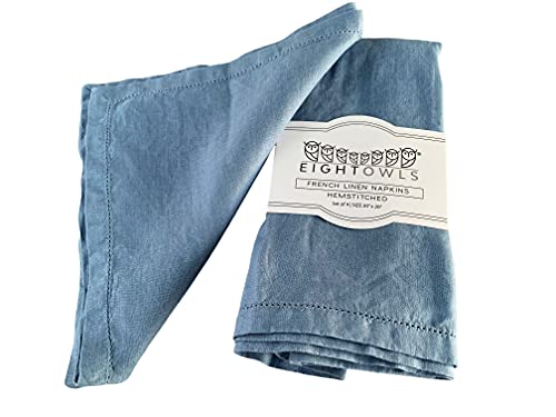 Hemstitched Linen Napkins – 20 Inch X 20 Inch – Stonewashed Pure Linen Cloth Dinner Napkins With Mitered Corners - 100% French Flax – Machine Washable - Set Of 4 (Dusty Pastel Blue) #TOP8
