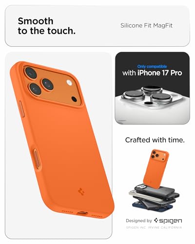 Image of Spigen Silicone Fit MagFit Back Cover Case for iPhone 17 Pro Max, MagSafe Compatible, Refined Smooth Feel - Silicone | Cosmic Orange