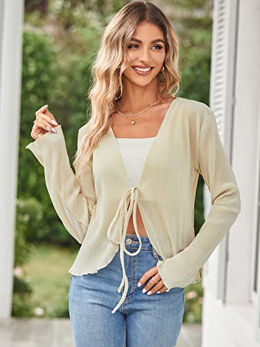 ZAFUL-Womens-Deep-V-Neck-Tie-Front-Top-Bell-Long-Sleeve-Plisse-Pleated-Blouse-Shirt-Top