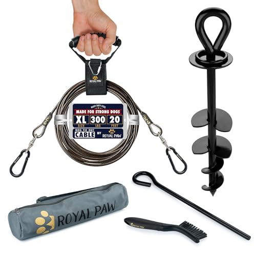 ROYAL PAW Dog Tie Out Cable and Stake 20ft - for Large Dogs up to 300 lbs - Heavy Duty Tether and Dog Stake for Yard, Beach & Camping Outside (Black, L/XL - 20ft)