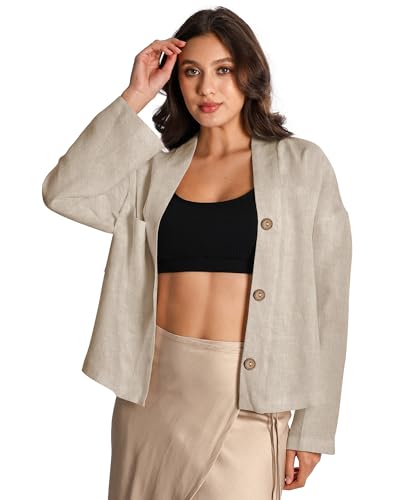 Women's Pure Linen Jacket Long Sleeves Botton Down Casual Cardigan Tops