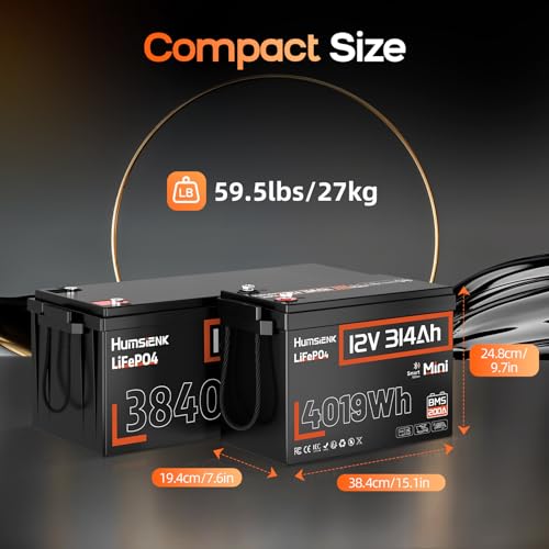 Image of HumsiENK 12V 314Ah (300Ah) LiFePO4 Lithium Battery with Bluetooth - 4.19kWh Energy, 200A BMS, 15000+ Cycles, Low-Temp Protection - for RV, Marine, Solar, Off-Grid, Home Backup (Compact & Lightweight)