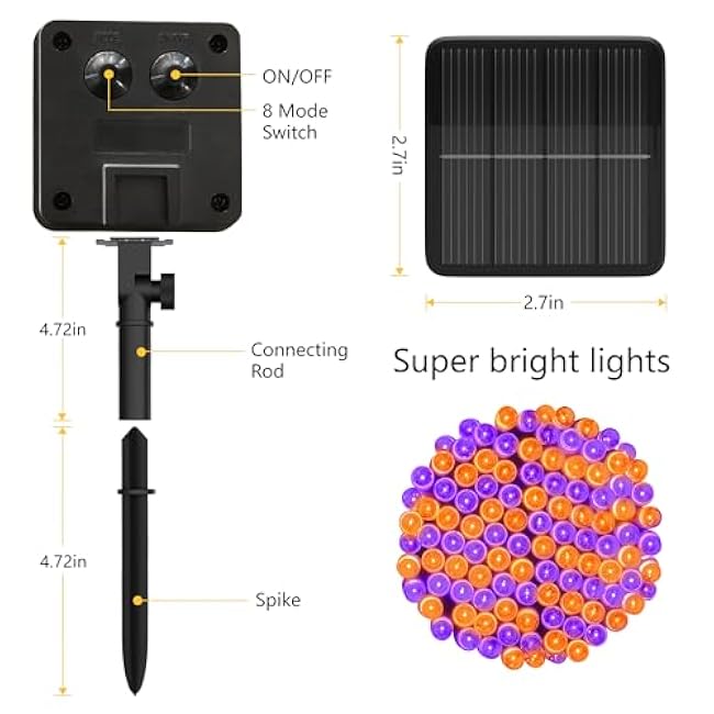 Solar Halloween Lights,39FT 100LED Orange & Purple String Lights,Halloween Solar Lights Outdoor with 8 Modes Waterproof for Bedroom Patio Garden Party Yard Decoration