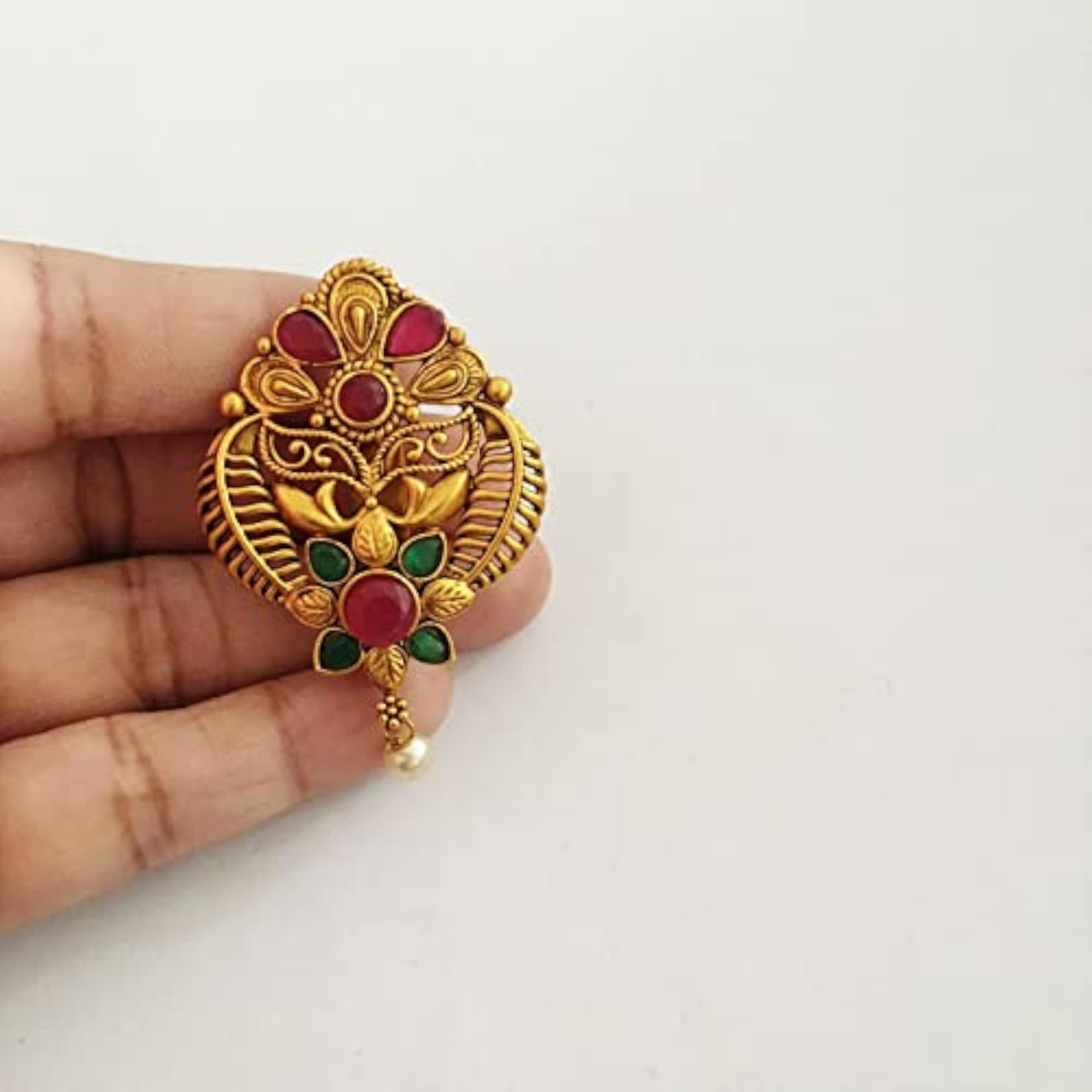 Fancy Matte Finish Saree Pin with Ruby Red and Green Stones