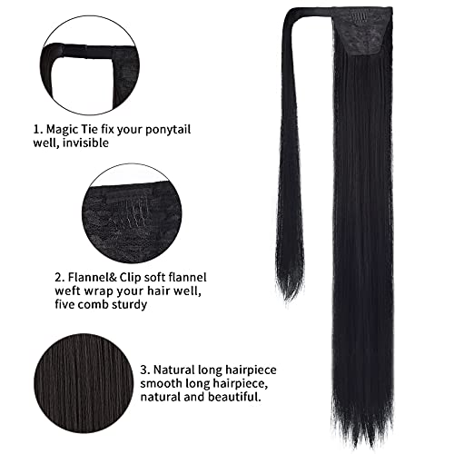 SEIKEA 35 Inch Clip in Ponytail Extension Wrap Around Long Straight Pony Tail Hair Synthetic Hairpiece for Women - Black