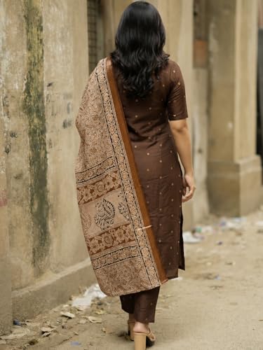 Image of GoSriKi Kurta Set Women Viscose Printed | Kurti Set Woman | Kurta Pant Dupatta 3 Piece Outfit | V-Neck Elbow Length Sleeve Straight Fit Ethnic Wear Ladies Dress Stylish Traditional Clothing