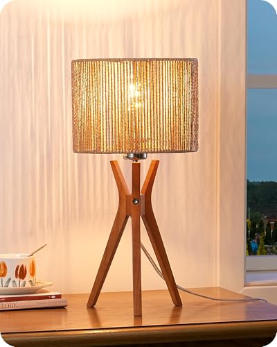 EDISHINE 17.5" Rattan Table Lamp, Wood Bedside Lamp with Handmade Paper Rope Woven Lampshade, Nightstand Lamp for Living Room, Bedroom, E26 Base, ON-Off Switch
