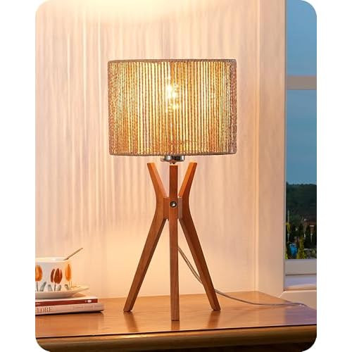 EDISHINE 17.5" Rattan Table Lamp, Wood Bedside Lamp with Handmade Paper Rope Woven Lampshade, Nightstand Lamp for Living Room, Bedroom, E26 Base, ON-Off Switch Vertical Stripes