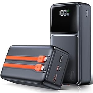 50000mAh Power Bank mit Kabel,Handy Akku Powerbank mit LED-Anzeige,Schnelles Aufladen USB C PD20W und QC 22,5W,2 Eingänge und 5 Ausgänge für Tablets Handy Outdoor Reisen Camping Angeln