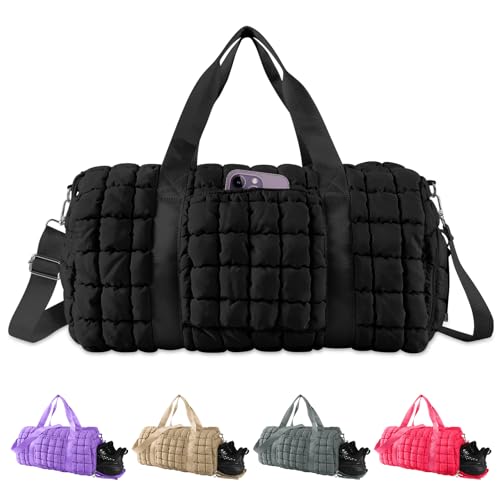 Image of Quilted Travel Duffle Bag Gym Bag for Women,Large Puffer Duffle Weekender Bag with Compartment,Workout Overnight Carry on Organizer Bag Duffle Bag for Airplane Travel(Black)
