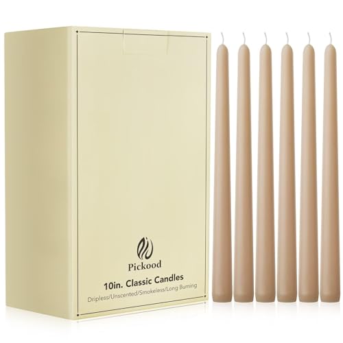 Pickood 10-Inch Tall Unscented Dripless Taper Candles Bulk 30 Pack - Beige Taper Candles Bulk, Perfect for Wedding, Dinner - Smokeless, 6-8 Hour Long Burning - Colored Candlesticks Bulk - Beige