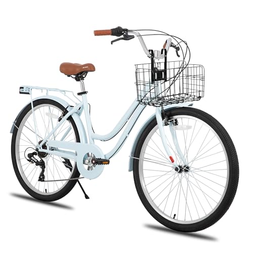 Hiland 26 Zoll Beach Cruiser Bike für Männer und Frauen, Step-Through Rahmen Cityräder für Erwachsene mit Gepäckträger und Korb, Herren und Damen 7 Gang Pendler Stadtfahrrad, Blau
