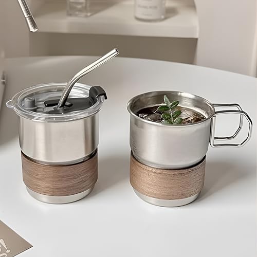 Image of Thermal Insulated Outdoor Coffee Cup Set with Handle & Straw & Lid, Stainless Steel Coffee Cups with Straws, Reusable & Stackable Stainless Steel Cup for Coffee, Tea, Milk (300ML, Pack of 1)