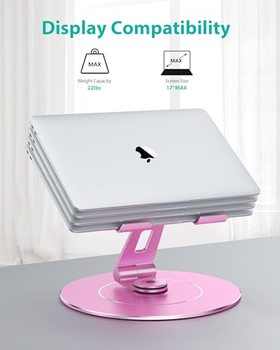 Image of NTMY 360 Rotating Laptop Stand with Phone Holder,Laptop Stand for Desk Adjustable Height Foldable,【Largest Base】 Aluminum Laptop Riser Fits MacBook, Dell, HP, Acer,Lenovo,(10-17.3'')-Pink