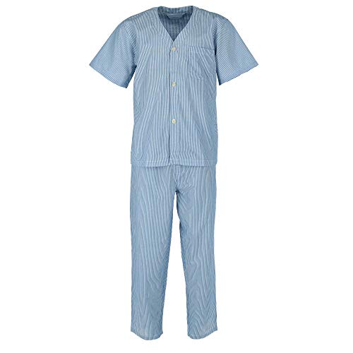 Fruit of the Loom Men's Short Sleeve Long Length Pant Print Pajama Set, Blue/Grey Striped, Large