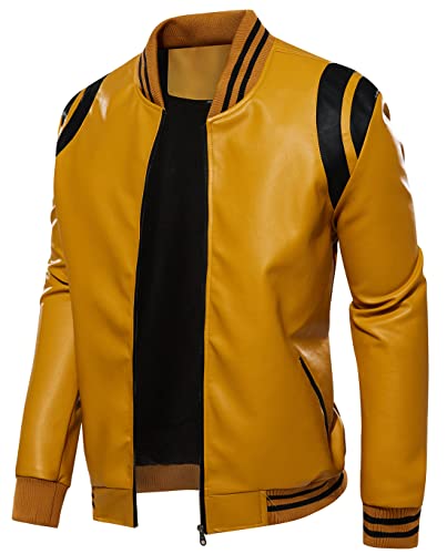 Image of chouyatou Men's Casual Color-Block Patches Full Zip Fleece Lined Pu Leather Varsity Bomber Jacket
