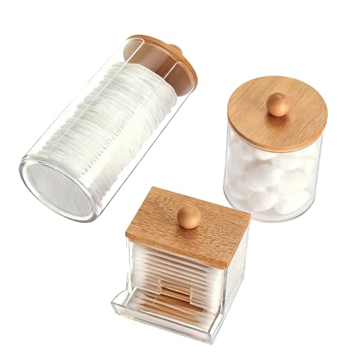 3Pcs Cotton Pad Holder,Cotton Wool Bud/Swab/Ball Holder,with Bamboo Lid,Bathroom Qtip Dispenser Jars Canisters Holders for Vanity Cotton Ball Qtips Makeup Storage Organiser Cosmetic Storage Box - Image 7