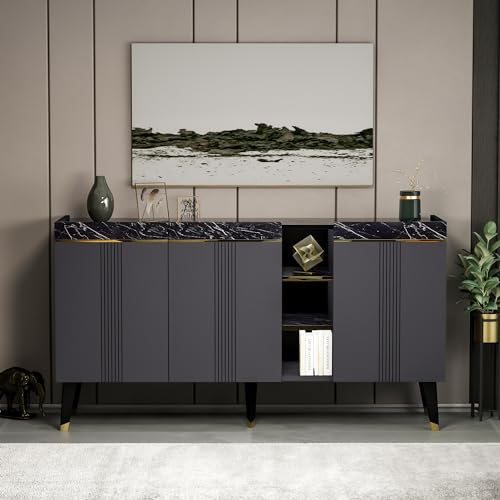 HOMIDEA KARYA Consolle - Credenza - Tavola TV - Mobiletto Multiuso - Buffet con 3 ante dal design moderno 150 x 81,8 x 41,8 cm (Consolle - Antracite/Marmo)