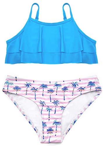 Image of SHEKINI Girls Floral Print Bathing Suits Ruffle Flounce Two Piece Swimsuits | Girls Bikini,Girls Bathing Suit,Swimsuits for Kids,Kids Bikini,Girls 2 Piece Swimsuit,Summer Hawaii Beach Swimwear,6-12 Years