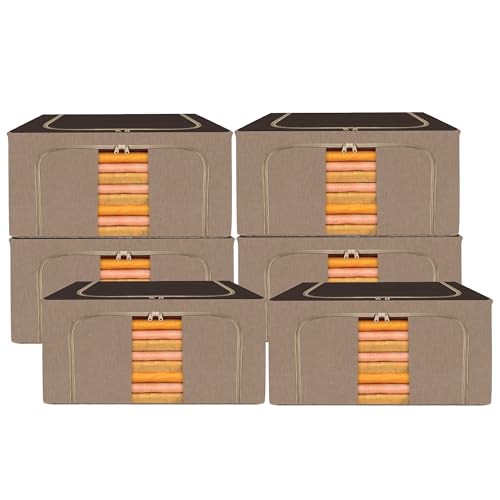 Image of Kuber Industries Pack of 6 Clothes Storage Box | 24 Liter Foldable Steel Frame Clothes Organizer | Underbed Storage Bag | Storage Box For Wardrobe-Saree-Shirts And Blankets | Brown
