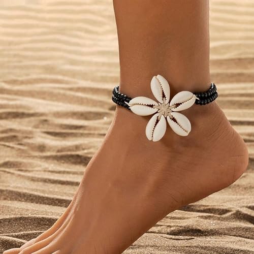 Image of Shell Anklets for Women Shell Beach Jewelry Accessories White Pink Black Flower Ankle Bracelet Summer Vacation Dress Outfits