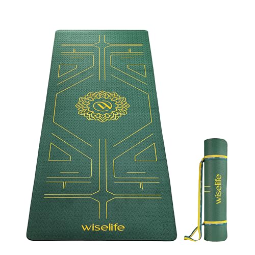 Image of Wiselife True Alignment Yoga Mat + Sleek Yoga Strap For Men And Women (Probalance Tpe Material 6Mm Extra Thick Extra Long Extra Wide) (Emerald)