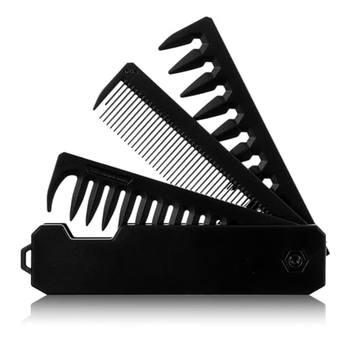 LACHT Peine Plegable Portátil Para Hombre | Peine 3 En 1 Con Peine De Dientes Finos Y Dientes | Cuidado Diario De La Barba, Peinado Del Cabello Y Bigote | Compacto Y Adecuado Para Viajar (Negro)