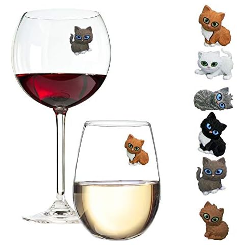 Simply Charmed Cat Wine Charms or Drink Glass Markers - Magnetic - Great Birthday or Hostess Gift for Cat Lovers - Set of 6 Cute Kitty Glass Identifiers Cover