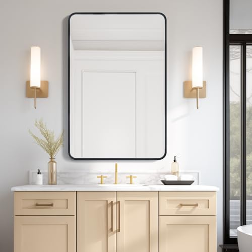 Image of USHOWER Black Bathroom Mirror for Over Sink 24 x 36 Inch, Metal Frame Rectangle Vanity Mirror, Modern Farmhouse, Wall Mounted