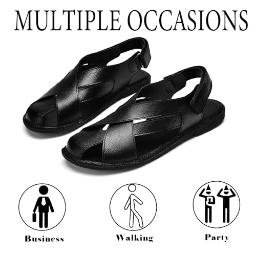 Image of Men's Genuine Leather Hook Loop Fisherman Sandals Hollow Out Breathable Lightweight Slip On Closed Toe Summer Casual Flat Sandals for Driving Walking Beach Shoes