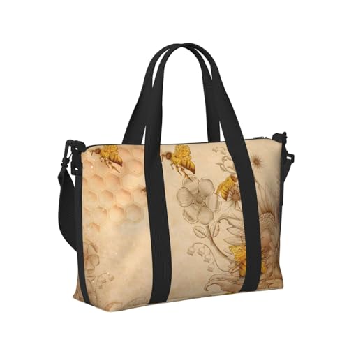 Laptop Tote Bag for Women Work - Retro Hand Drawn Honey Bees Sunflowers Gym Bag for Women Men, Personal Item Crossbody Travel Bags Carry On, Overnight Weekender Bags for Women Travel