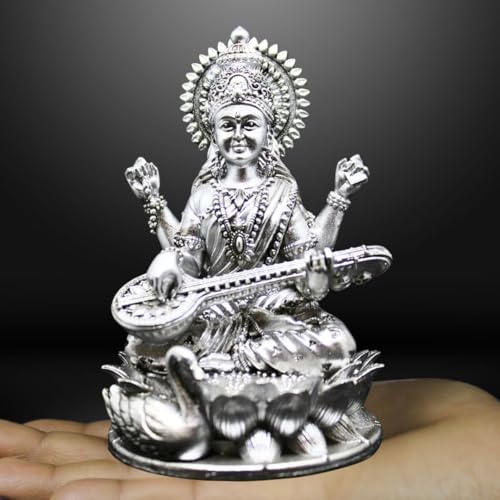Image of Saraswati Devi Idol 4.5 inch Material Polystone Statuen Painted Brass, Antique Silver & White Finish Veena Vadini Maa Saraswati Murti Vasant Panchami for Home & Office Decor (Antique Silver)